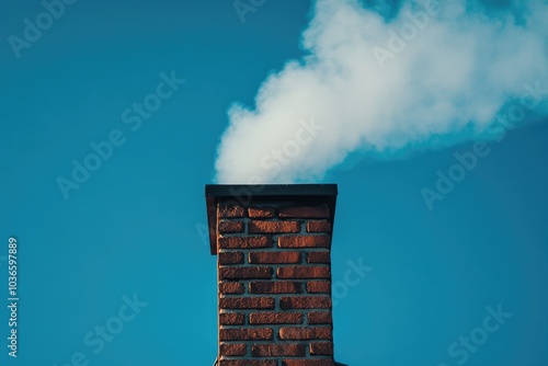 Brick chimney releasing smoke against a blue sky background photo