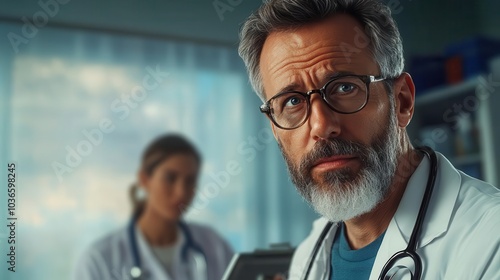 Serious male doctor in a white coat looking at the camera with a female nurse in the background. photo