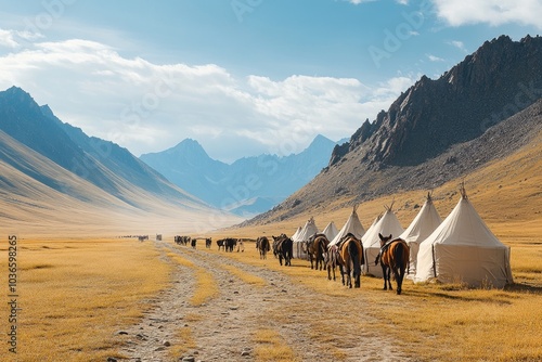 Horses walking near yurts in a mountain valley in kyrgyzstan