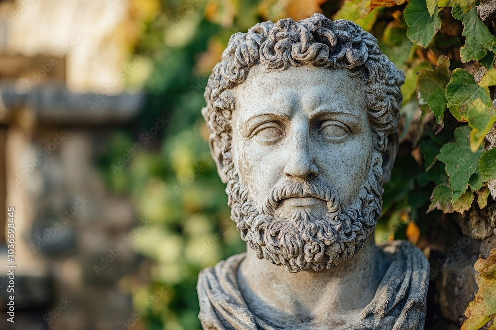 Ancient roman bust showing stoic facial expression in garden setting Ancient roman bust showing stoic facial expression in garden setting