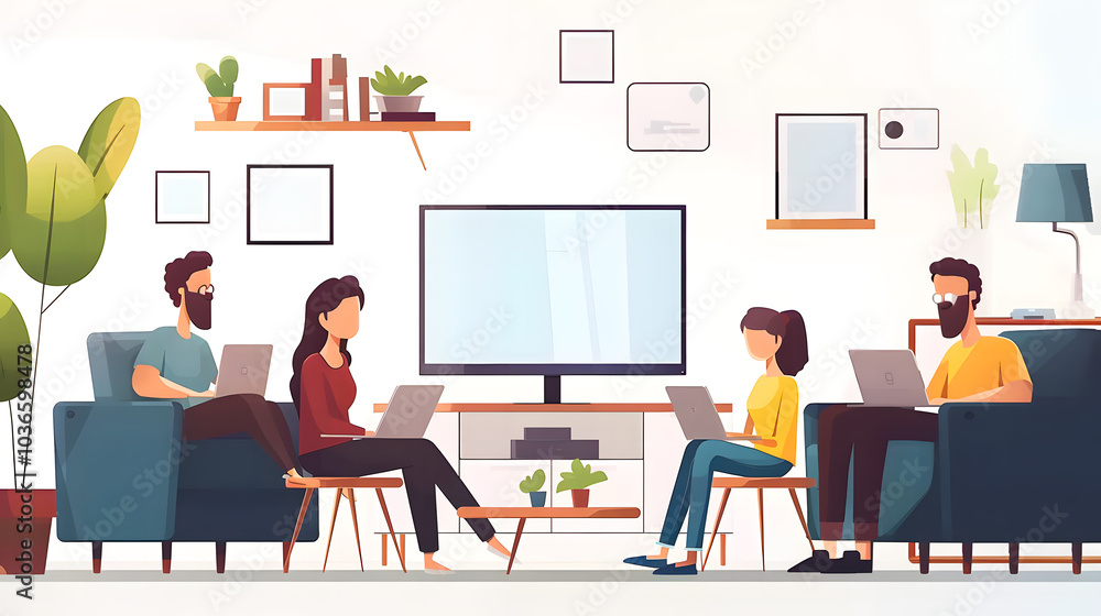 Screen addistion, connected modern family home working and using TV, laptops and smartphones devices sitting in the living room. Parents and children isolated, vector illustration Screen addistion, connected modern family home working and using TV, laptops and smartphones devices sitting in the living room. Parents and children isolated, vector illustration