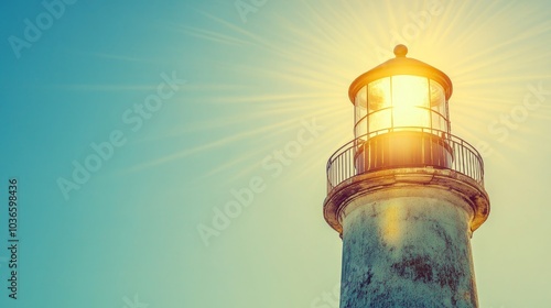 A lighthouse shines brightly against a clear sky, symbolizing guidance and safety at sea.