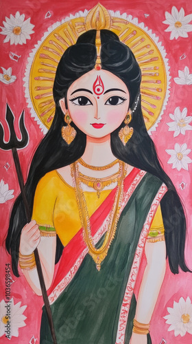 Watercolor Illustration of Goddess Annapurna in a Kitchen, Holding Rice and Ladle photo