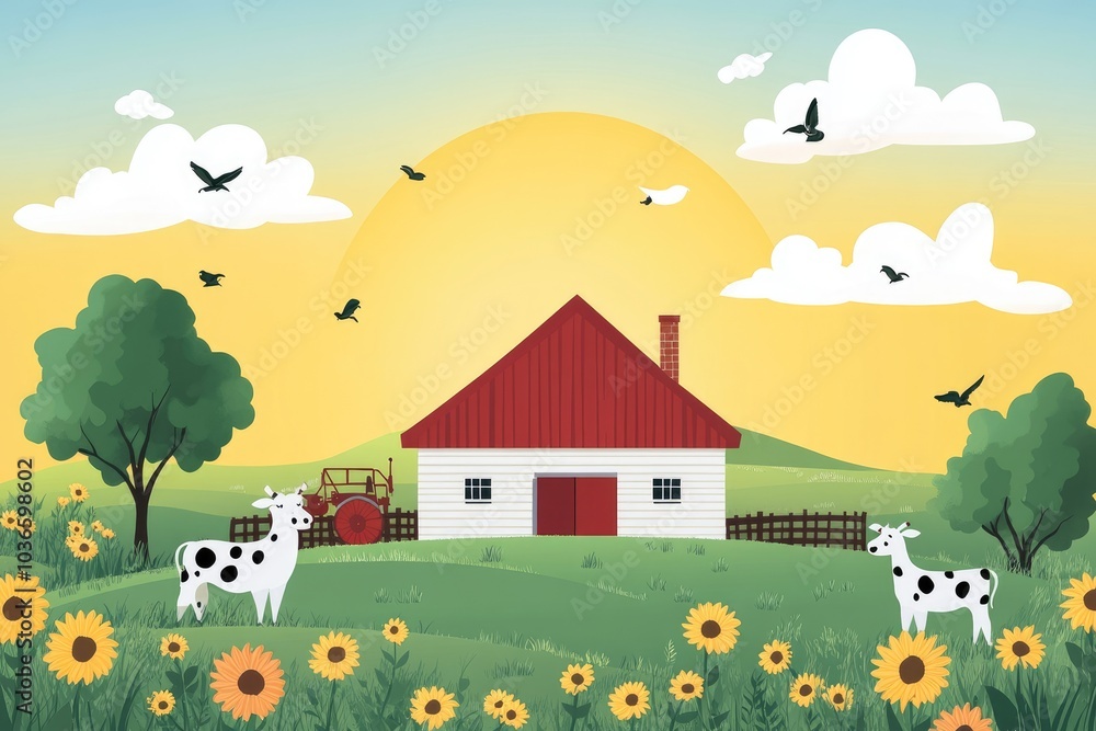 Fototapeta premium Idyllic farm scene with cows and sun shining in a blue sky