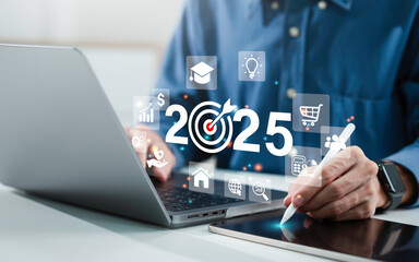 2025 New year resolution goal of education health finance, investment, and home.Target plan and mission annual. Businessman use analysis dashboard trend marketing for Business strategy