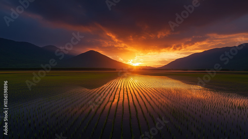Sunset Over Rice Paddy Field
