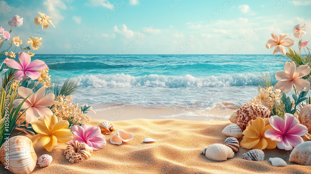 Beautiful beach scene with flowers, shells, and gentle waves under a clear sky. Beautiful beach scene with flowers, shells, and gentle waves under a clear sky.