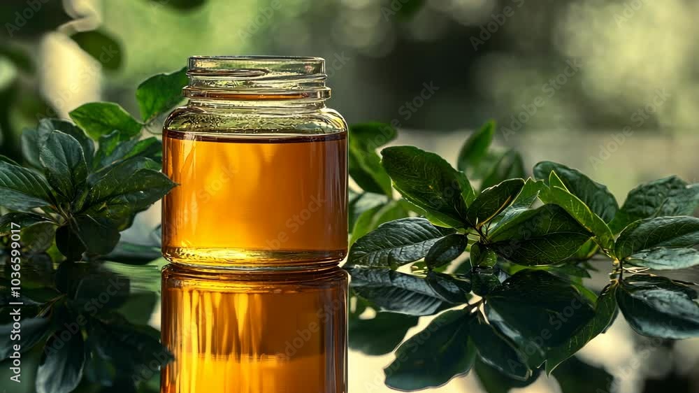 A glass jar filled with honey sits on a table, surrounded by green leaves A glass jar filled with honey sits on a table, surrounded by green leaves