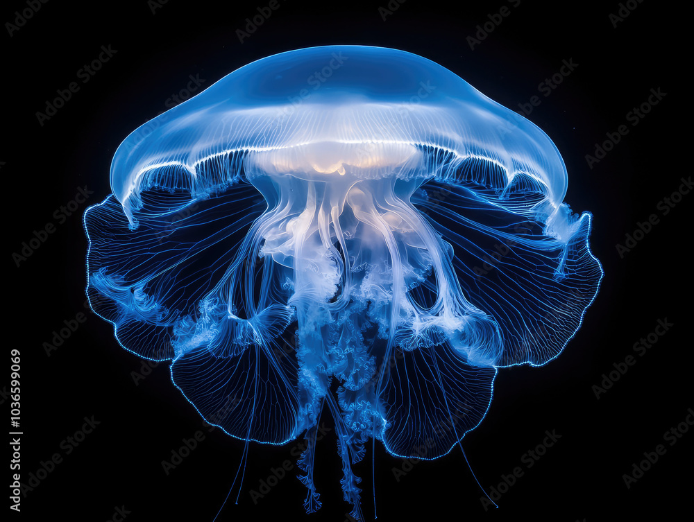 Moon Jellyfish Gently Pulsating, Illuminated in a Mystical Light Moon Jellyfish Gently Pulsating, Illuminated in a Mystical Light