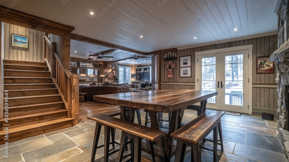 Rustic wooden dining table and benches in a cabin with stone floor, wooden stairs, and a fireplace.