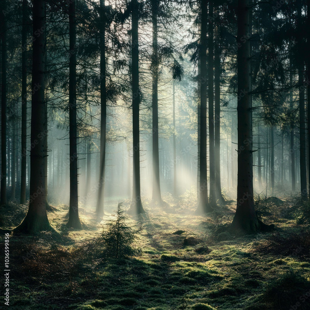 Forest landscape with misty morning light Forest landscape with misty morning light