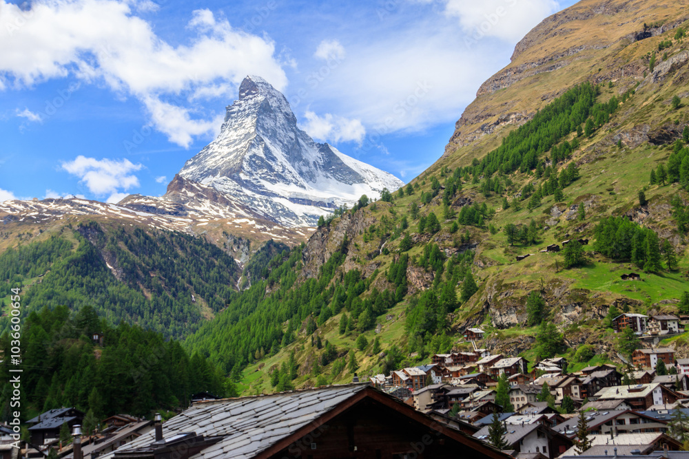 View of Zermatt town and Matterhorn mountain in the Valais canton, Switzerland View of Zermatt town and Matterhorn mountain in the Valais canton, Switzerland