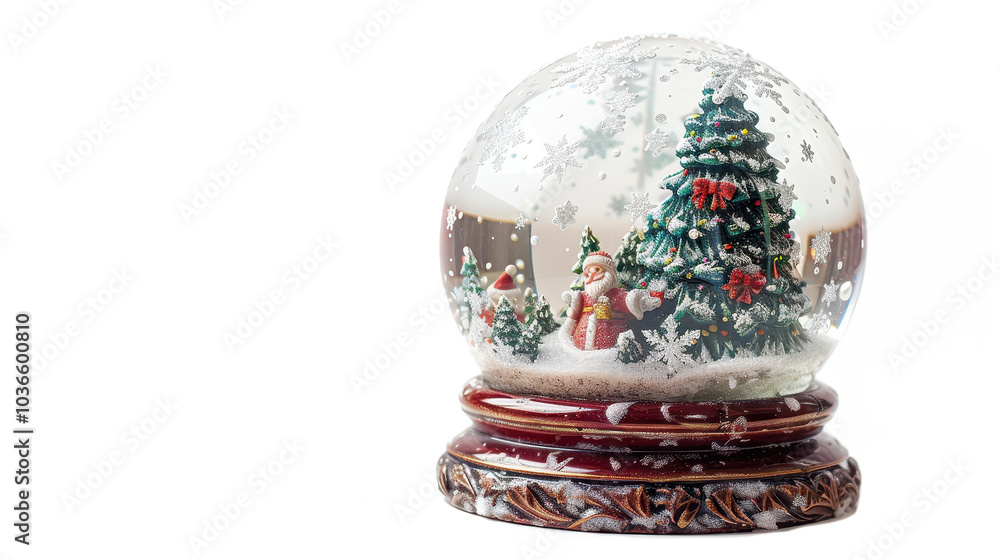 A snow globe featuring a festive Christmas scene with a decorated tree and Santa Claus on a white background A snow globe featuring a festive Christmas scene with a decorated tree and Santa Claus on a white background