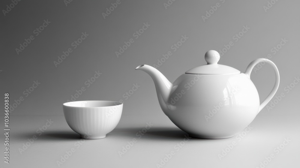 A white tea kettle and a delicate cup sit together, creating a serene atmosphere with their minimalist design and soft gray background. Generative AI A white tea kettle and a delicate cup sit together, creating a serene atmosphere with their minimalist design and soft gray background. Generative AI