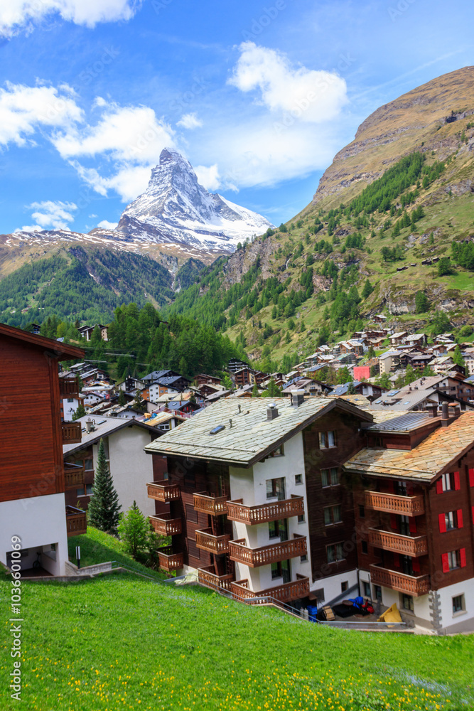 View of Zermatt town and Matterhorn mountain in the Valais canton, Switzerland View of Zermatt town and Matterhorn mountain in the Valais canton, Switzerland