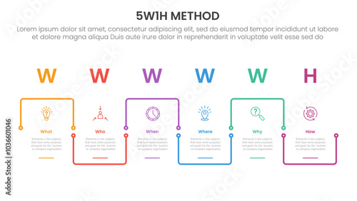 5W1H analysis infographic with outline square up and down linked cycle with 6 step points for slide presentation