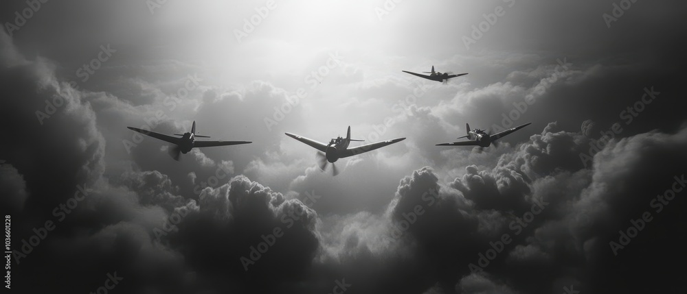 Naklejka premium Muted noir cloudscape evoking WWI, dramatic contrasts, deep shadows, and a somber atmosphere reflecting historical turmoil.