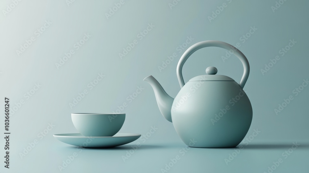 The soft pastel blue tea kettle stands next to a matching teacup on a simple saucer, creating a calming afternoon ambiance. Generative AI The soft pastel blue tea kettle stands next to a matching teacup on a simple saucer, creating a calming afternoon ambiance. Generative AI