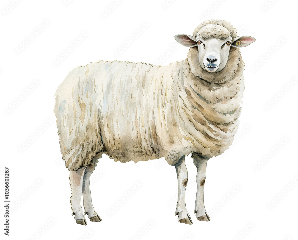 Watercolor sheep isolated illustration, highlighting its fluffy coat and tranquil demeanor. Watercolor sheep isolated illustration, highlighting its fluffy coat and tranquil demeanor.