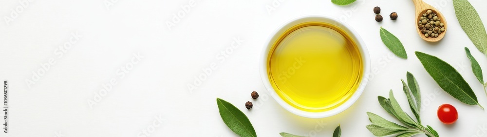Olive oil infused with herbs and spices, vibrant top view on a clean white background, showcasing culinary richness and flavor potential. Olive oil infused with herbs and spices, vibrant top view on a clean white background, showcasing culinary richness and flavor potential.