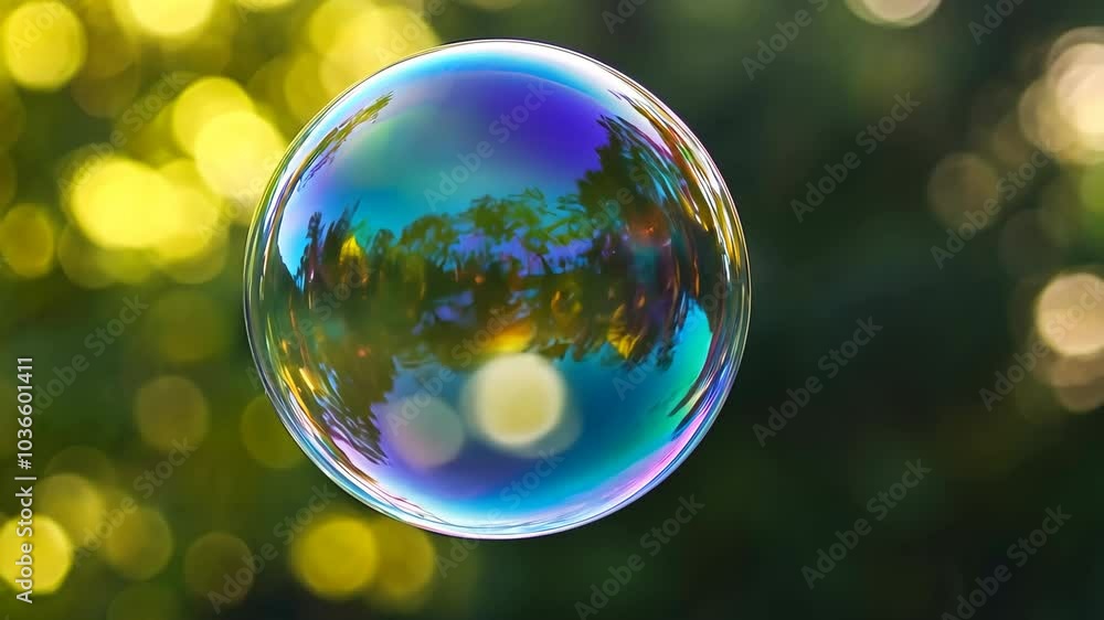 A large soap bubble floats in the air, reflecting the blurred green and yellow background A large soap bubble floats in the air, reflecting the blurred green and yellow background