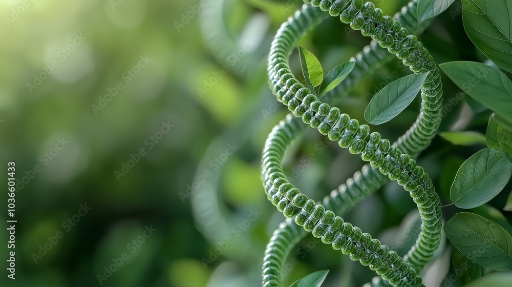 Close-up of lush green leaves with a spiral vine, showcasing vibrant nature and botanical beauty.