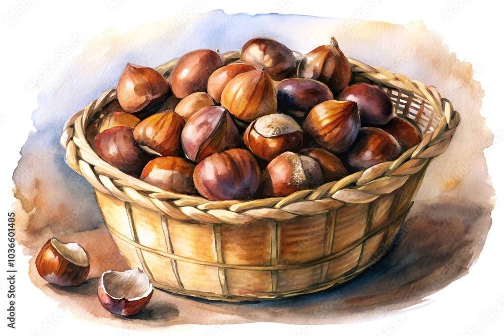 Watercolor hand drawn Lots of Chestnut in a basket Watercolor hand drawn Lots of Chestnut in a basket