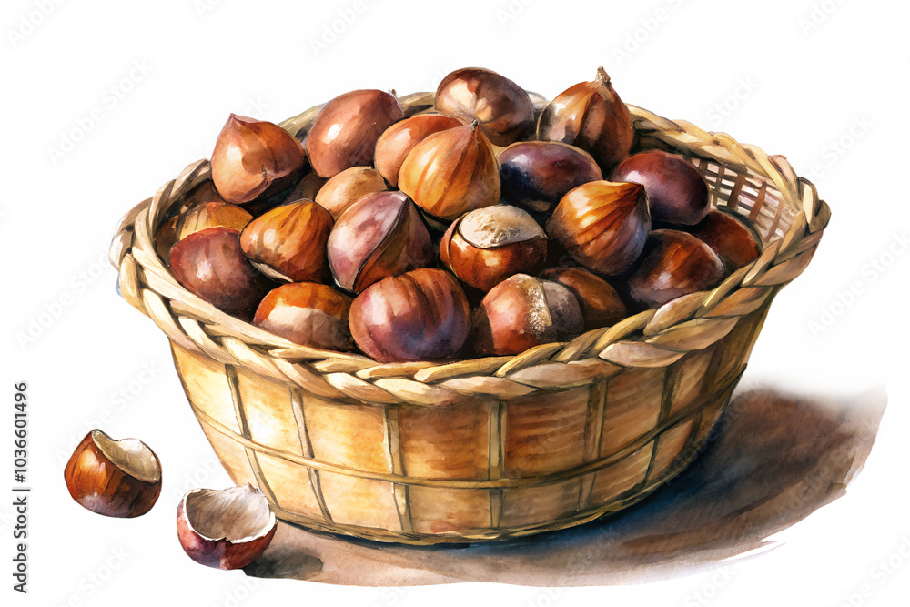 Watercolor hand drawn Lots of Chestnut in a basket Watercolor hand drawn Lots of Chestnut in a basket