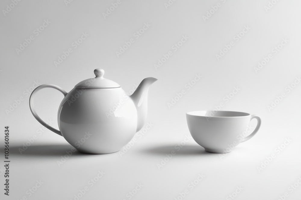 A white tea kettle and matching cup are displayed together, emphasizing a serene and minimalist tea-drinking experience. Generative AI A white tea kettle and matching cup are displayed together, emphasizing a serene and minimalist tea-drinking experience. Generative AI