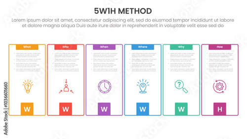 5W1H analysis infographic with creative outline box with square bottom accessories with 6 step points for slide presentation