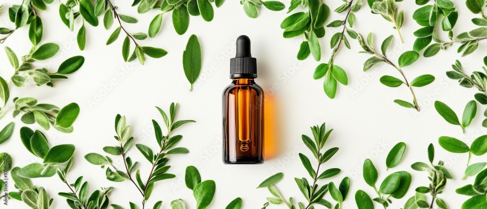 Amber glass dropper bottle surrounded by green leaves on a white background. Amber glass dropper bottle surrounded by green leaves on a white background.