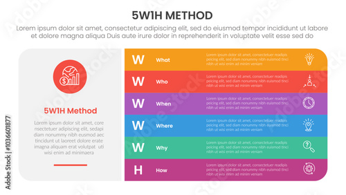 5W1H analysis infographic with big block shape and round rectangle stack with 6 step points for slide presentation