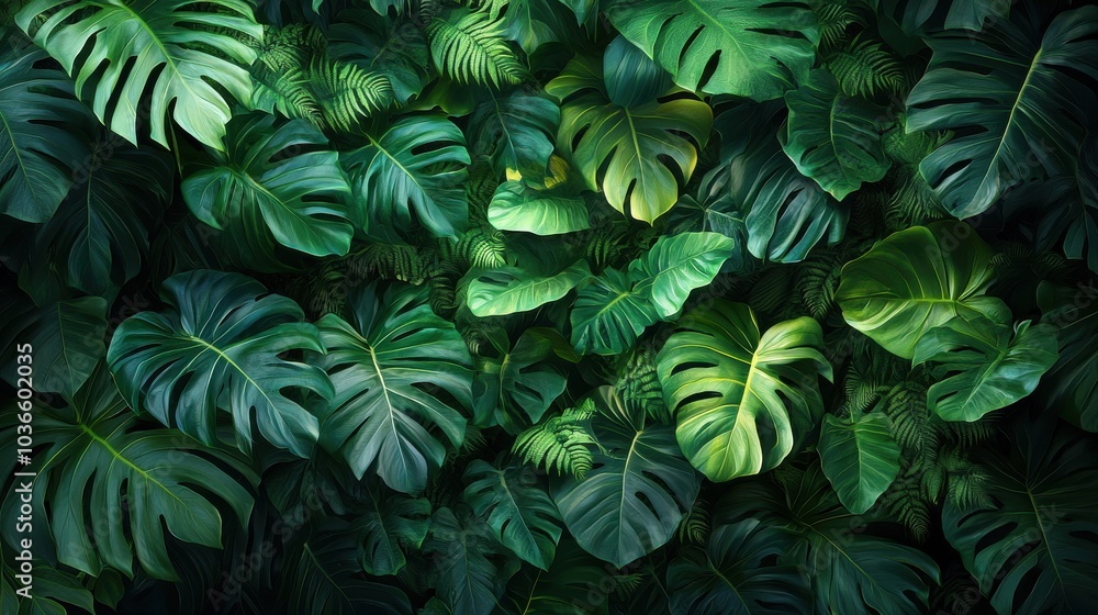 Lush green tropical leaves creating a vibrant natural backdrop in a dense jungle setting showcasing rich biodiversity and textures Lush green tropical leaves creating a vibrant natural backdrop in a dense jungle setting showcasing rich biodiversity and textures