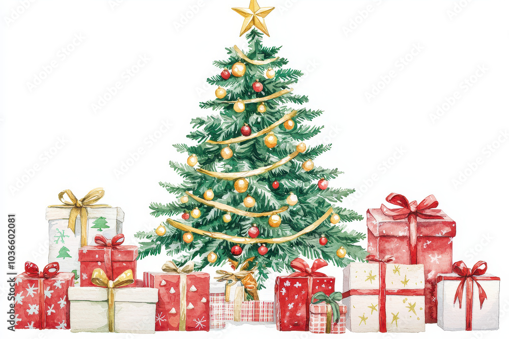 A vibrant Christmas tree adorned with gold ornaments and surrounded by beautifully wrapped gifts in festive colors. A vibrant Christmas tree adorned with gold ornaments and surrounded by beautifully wrapped gifts in festive colors.