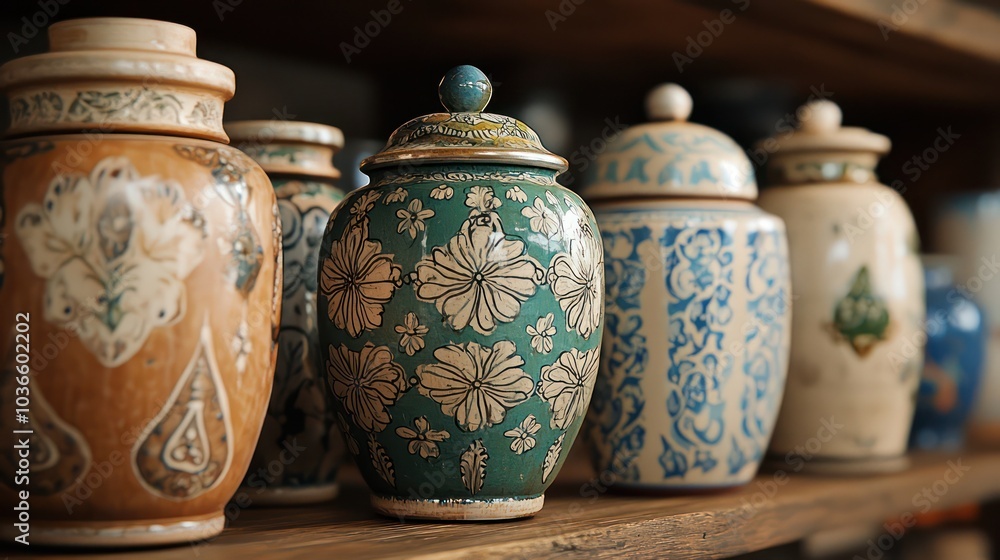 An array of colored jars with antique charm, showcasing their unique artistic patterns. An array of colored jars with antique charm, showcasing their unique artistic patterns.
