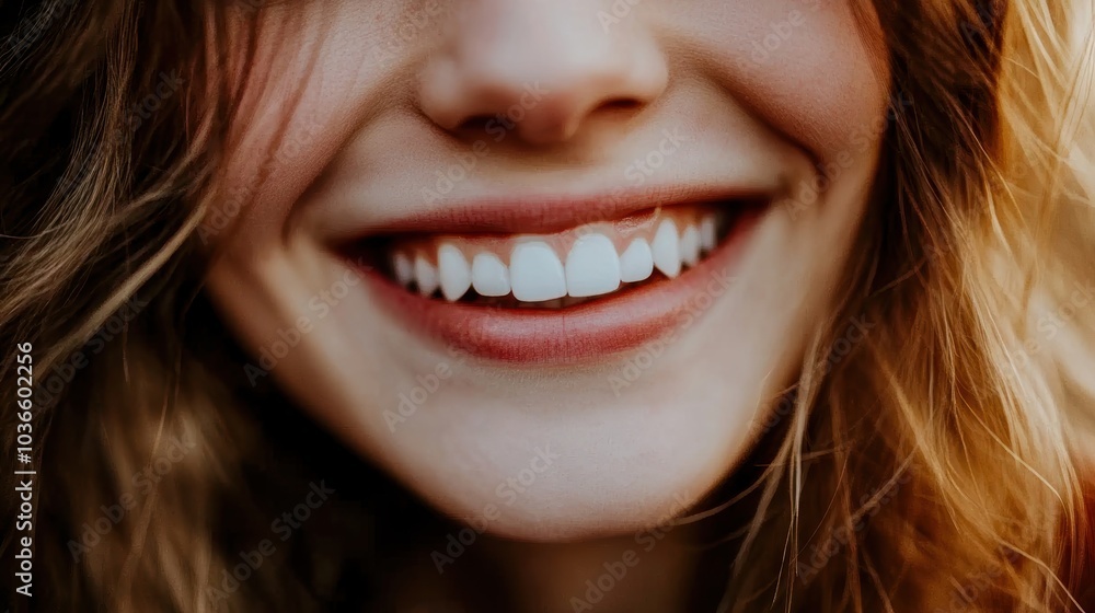 Close-up of a smiling woman with beautiful teeth and wavy hair, conveying joy and positivity. Close-up of a smiling woman with beautiful teeth and wavy hair, conveying joy and positivity.