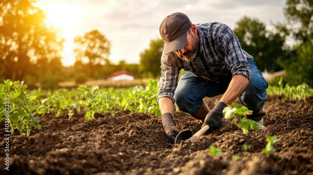A farmer bent over while digging with a shovel, with the soil turning and crops visible in the background, suggesting cultivation of the land --chaos A farmer bent over while digging with a shovel, with the soil turning and crops visible in the background, suggesting cultivation of the land --chaos