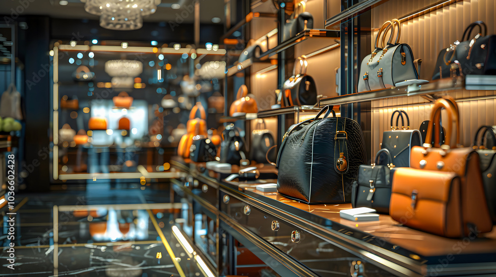 Step into a luxurious designer boutique where elegance meets style. This fashionable store showcases a collection of expensive leather handbags and accessories, perfect for the modern, stylish woman Step into a luxurious designer boutique where elegance meets style. This fashionable store showcases a collection of expensive leather handbags and accessories, perfect for the modern, stylish woman