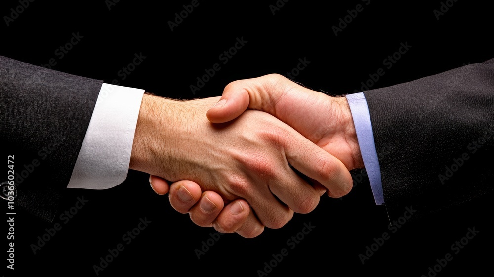 Close-up view of two people shaking hands, symbolizing agreement and partnership on a black background. Close-up view of two people shaking hands, symbolizing agreement and partnership on a black background.