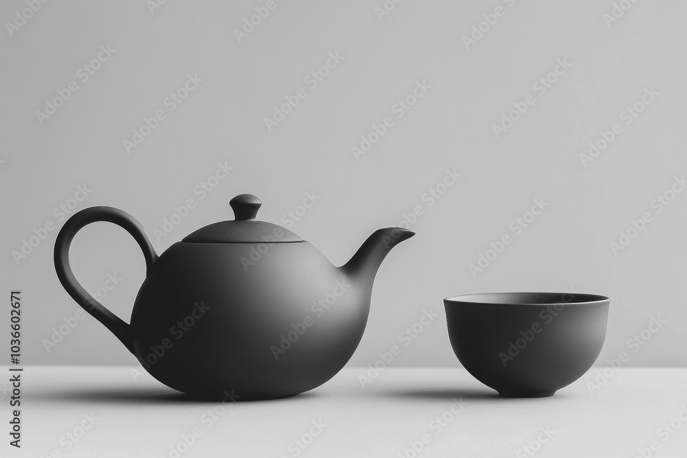 A sleek black tea kettle and matching cup sit together on a smooth surface, creating a tranquil setting for enjoying tea. Generative AI A sleek black tea kettle and matching cup sit together on a smooth surface, creating a tranquil setting for enjoying tea. Generative AI