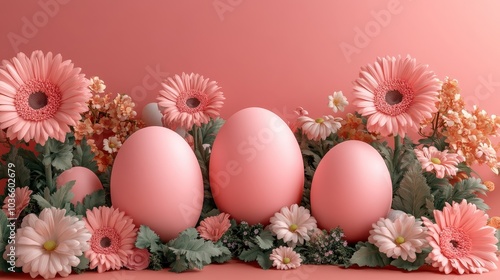 Whimsical Easter Eggs and Flowers in Pastel 3D Rendering with Copy Space