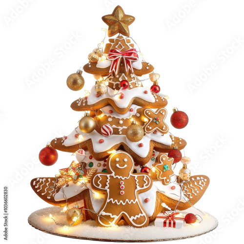 A charming gingerbread man cookie tree adorned with ornaments and lights, perfect for the festive New Year and Christmas celebrations