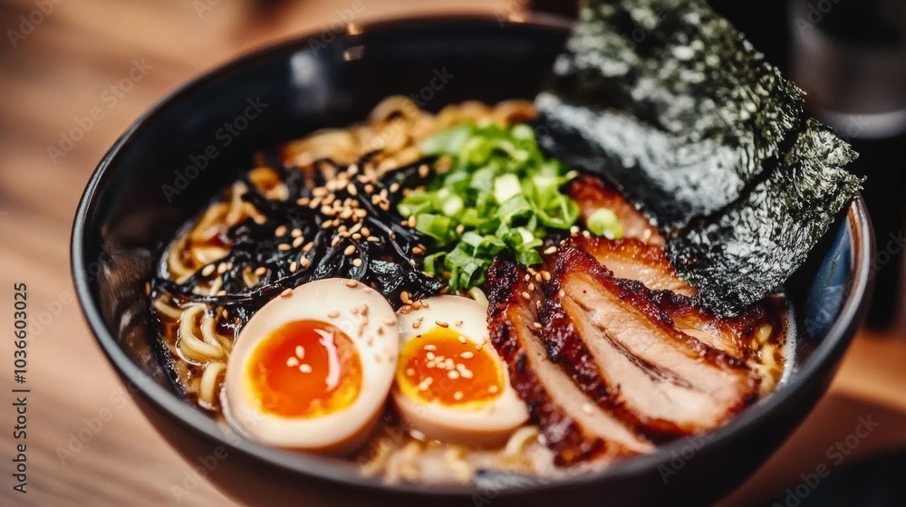 A hearty bowl of ramen filled with tender slices of pork belly, soft-boiled egg, and nori seaweed A hearty bowl of ramen filled with tender slices of pork belly, soft-boiled egg, and nori seaweed