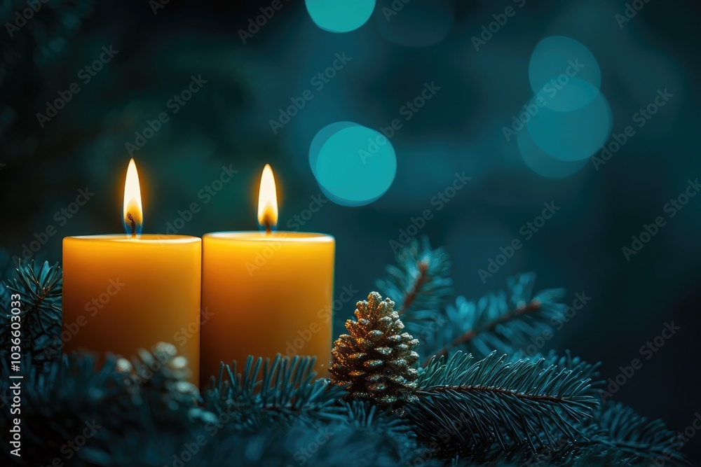 Burning green candles creating festive christmas atmosphere with pine branches and pine cones Burning green candles creating festive christmas atmosphere with pine branches and pine cones