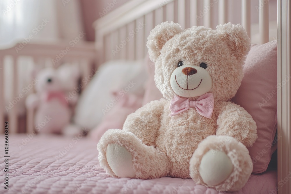Teddy bear sitting on a cot in a pink bedroom for baby girl Teddy bear sitting on a cot in a pink bedroom for baby girl