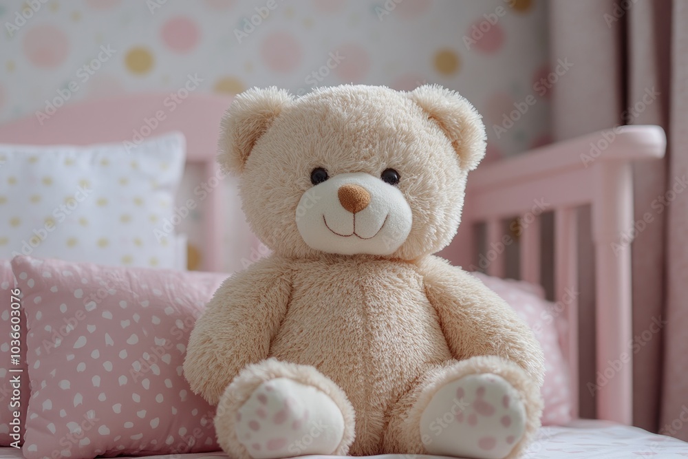 Teddy bear sitting on a cot in a pink bedroom for baby girl Teddy bear sitting on a cot in a pink bedroom for baby girl