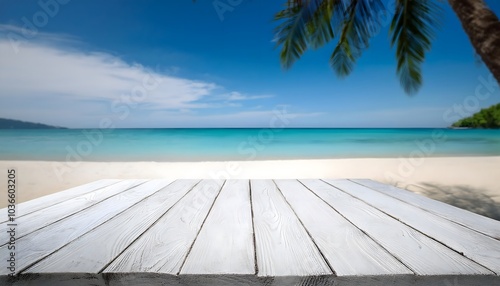 rustic wooden table deck on tranquil blue ocean scene or clean sea beach. product placement on tabletop plank on peace, relaxation & tropical vibes photo