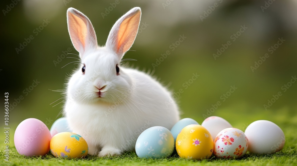 Whimsical Easter Bunny and Colorful Eggs on Pastel Cloth Whimsical Easter Bunny and Colorful Eggs on Pastel Cloth