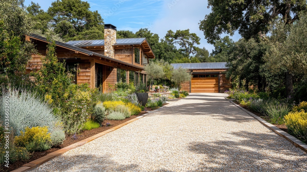 A gravel driveway leading to a modern wood-sided home with a stone chimney and a detached garage with a wood door. The home is surrounded by lush greenery and a well-kept garden. A gravel driveway leading to a modern wood-sided home with a stone chimney and a detached garage with a wood door. The home is surrounded by lush greenery and a well-kept garden.