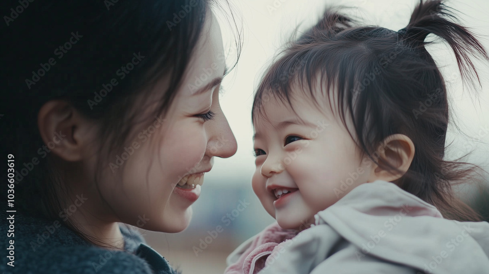 冬の屋外で日本人の幼児と母親が笑顔で見つめ合っている 冬の屋外で日本人の幼児と母親が笑顔で見つめ合っている